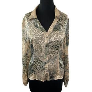 PENTA Beige Green Leopard Print Long Sleeve Button Down Blouse Top Silk Blend 10
